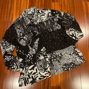 CHICO'S Black White Silk Button-Down Shirt Boho Patterned Long Sleeve Sz 3 / XL